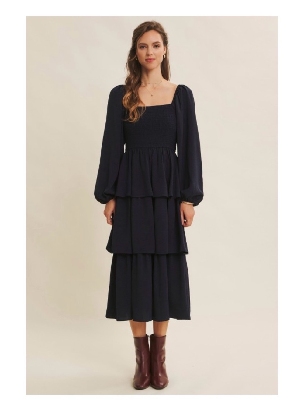 in february Navy Square Neck Smocked Tiered Ruffle Midi Dress Size S NWT